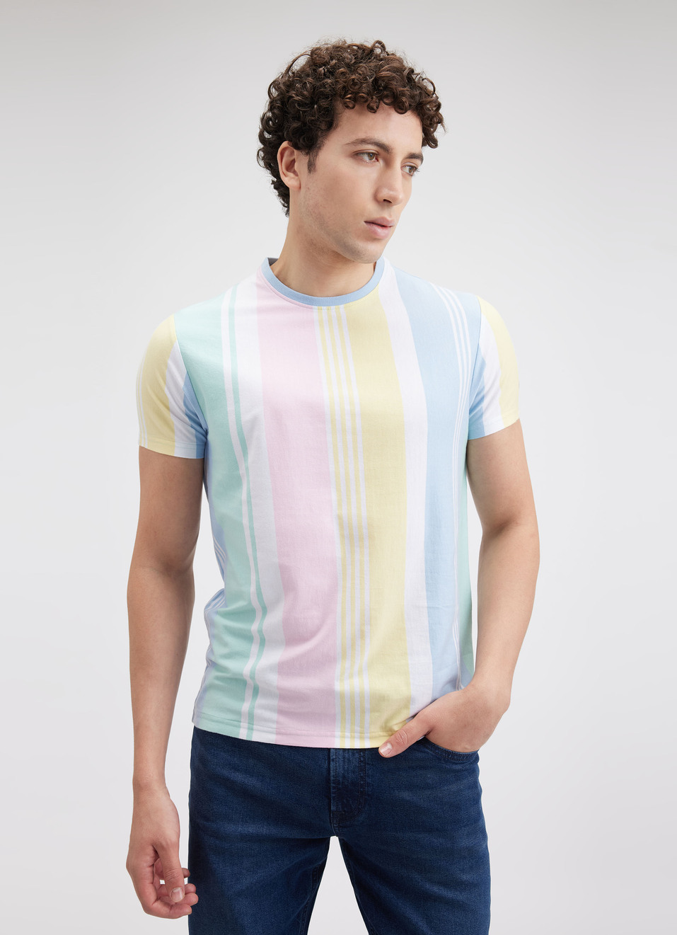 Men Blue Colour Stripe Short Sleeve T-shirt, , large image number 1