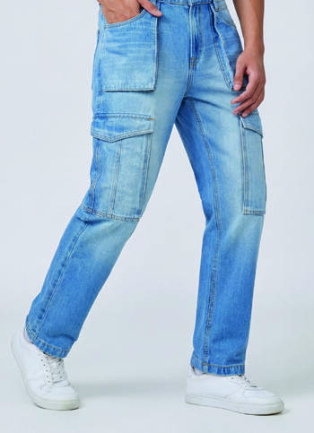 Men Light Blue Mid Rise Utility Cargo Jeans
