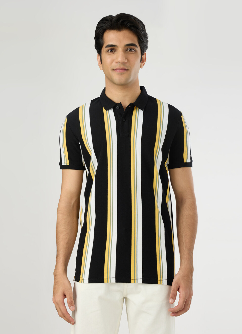 Men Black Striped Polo Collar T-shirt, , large image number 1