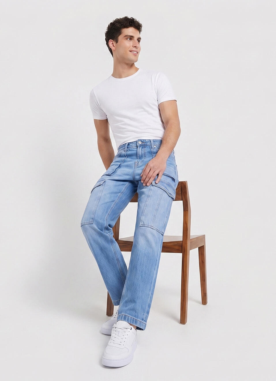 Men Blue Straight Fit Mid Rise Cargo Jeans, , large image number 1