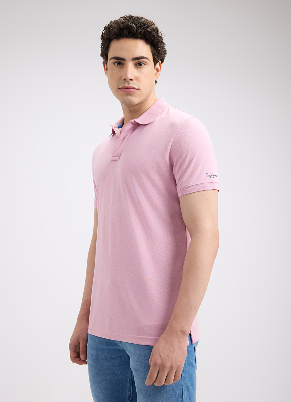 Men Peach Ribbed Collar Short Sleeve Polo, , large image number 3