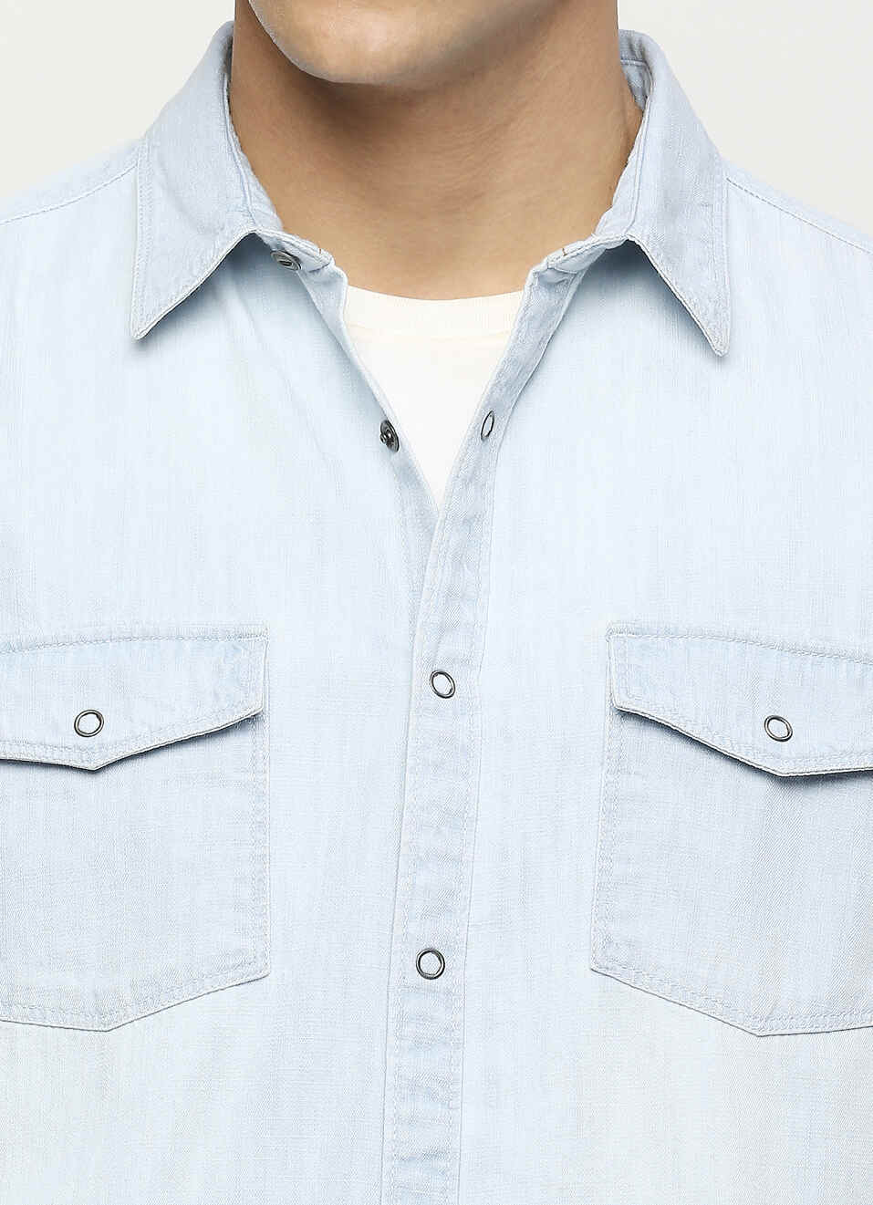 Ice Blue Double Pocket Long Sleeve Denim Shirt, , large image number 4