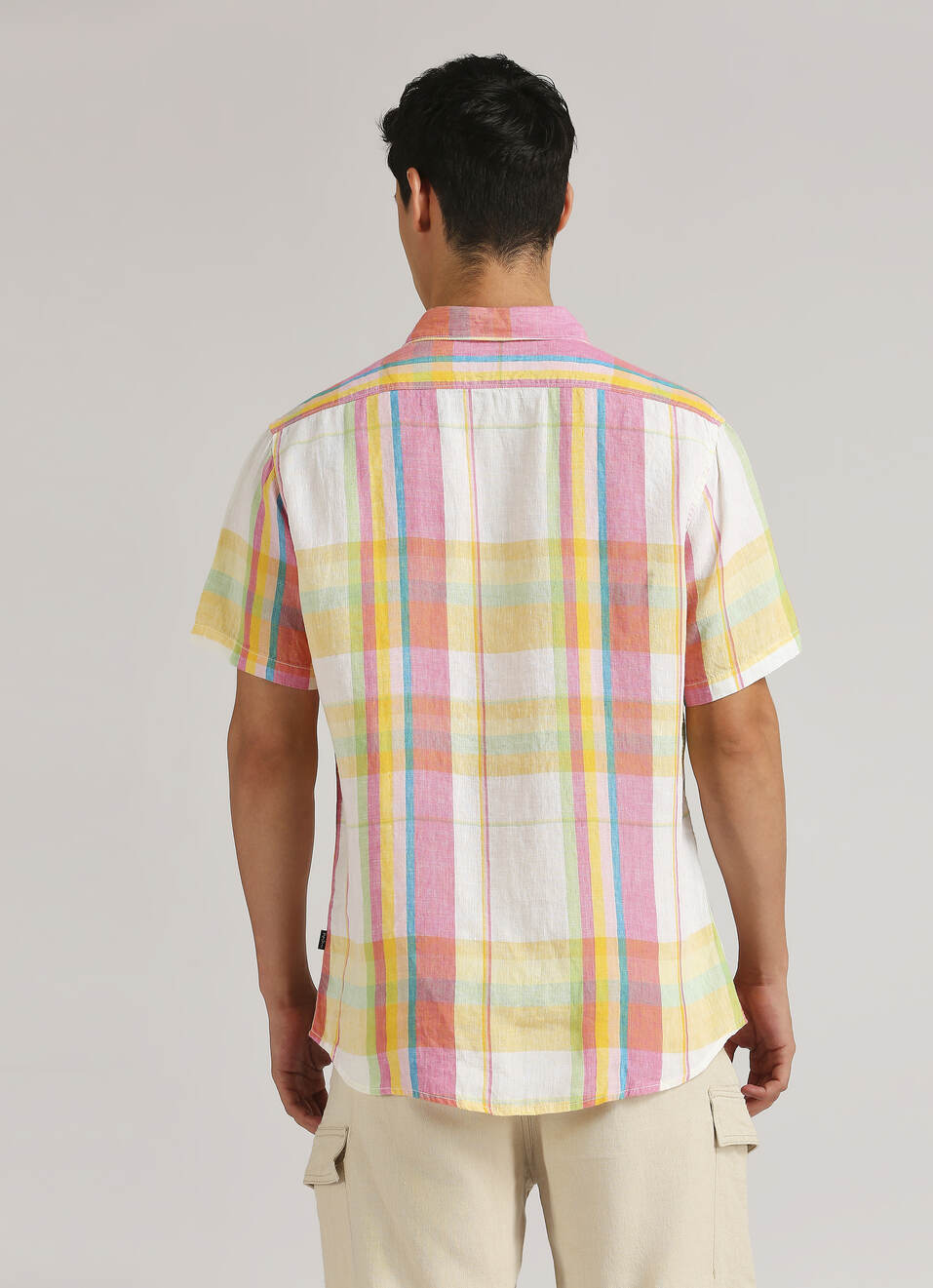 Yellow Yarn Dyed Plaid Pure Linen Short Sleeve Shirt, , large image number 2