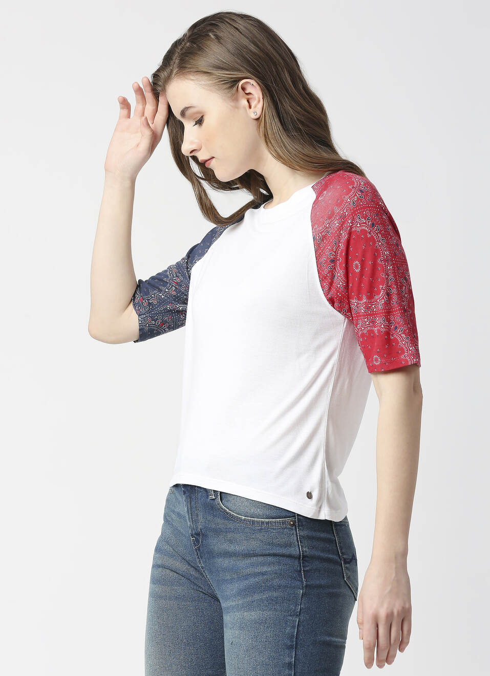 Bandana Sleeve Print Color Block T-shirt, , large image number 3