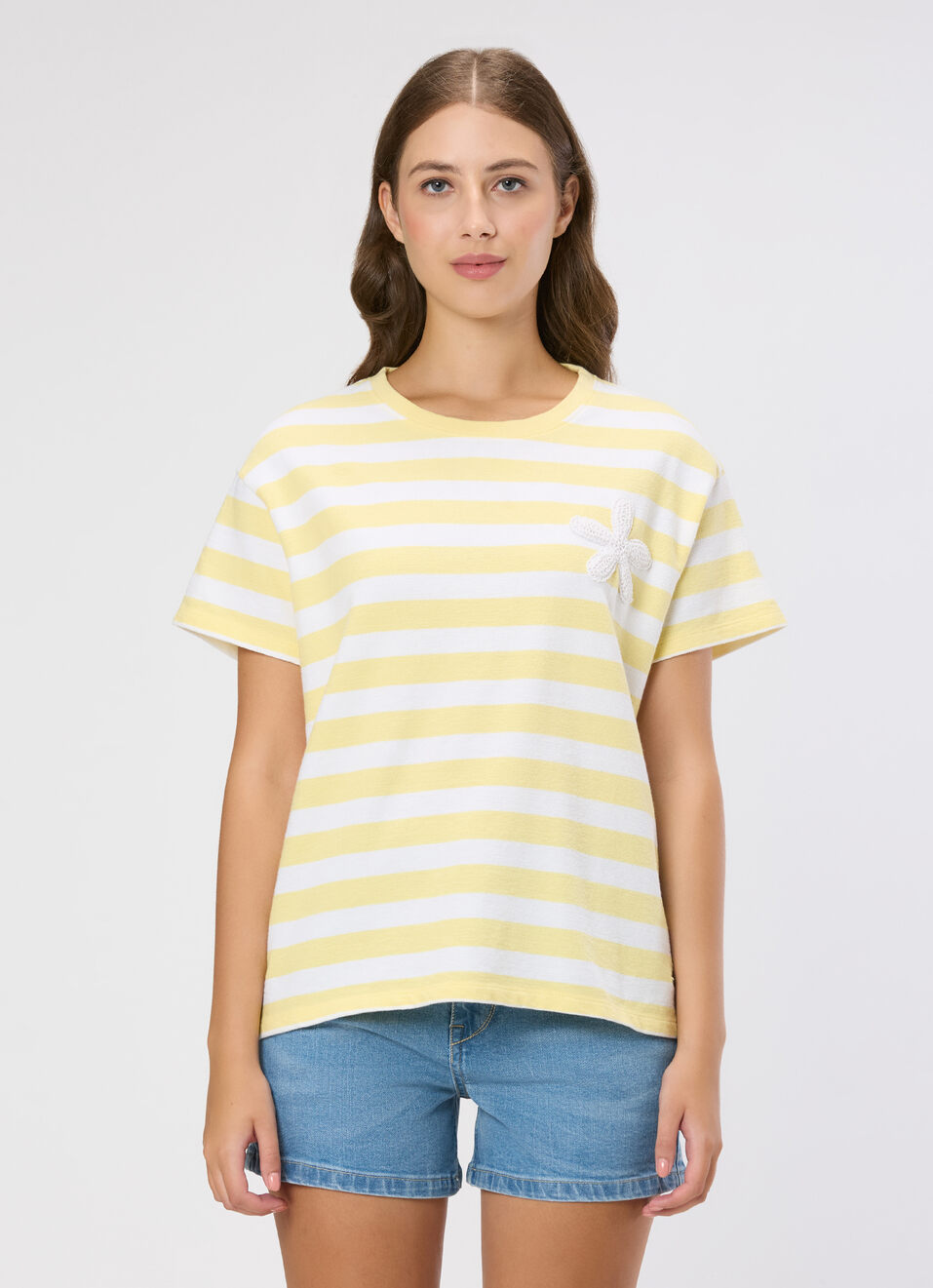 Women Yellow Striped Crochet Patch T-shirt, , large image number 1