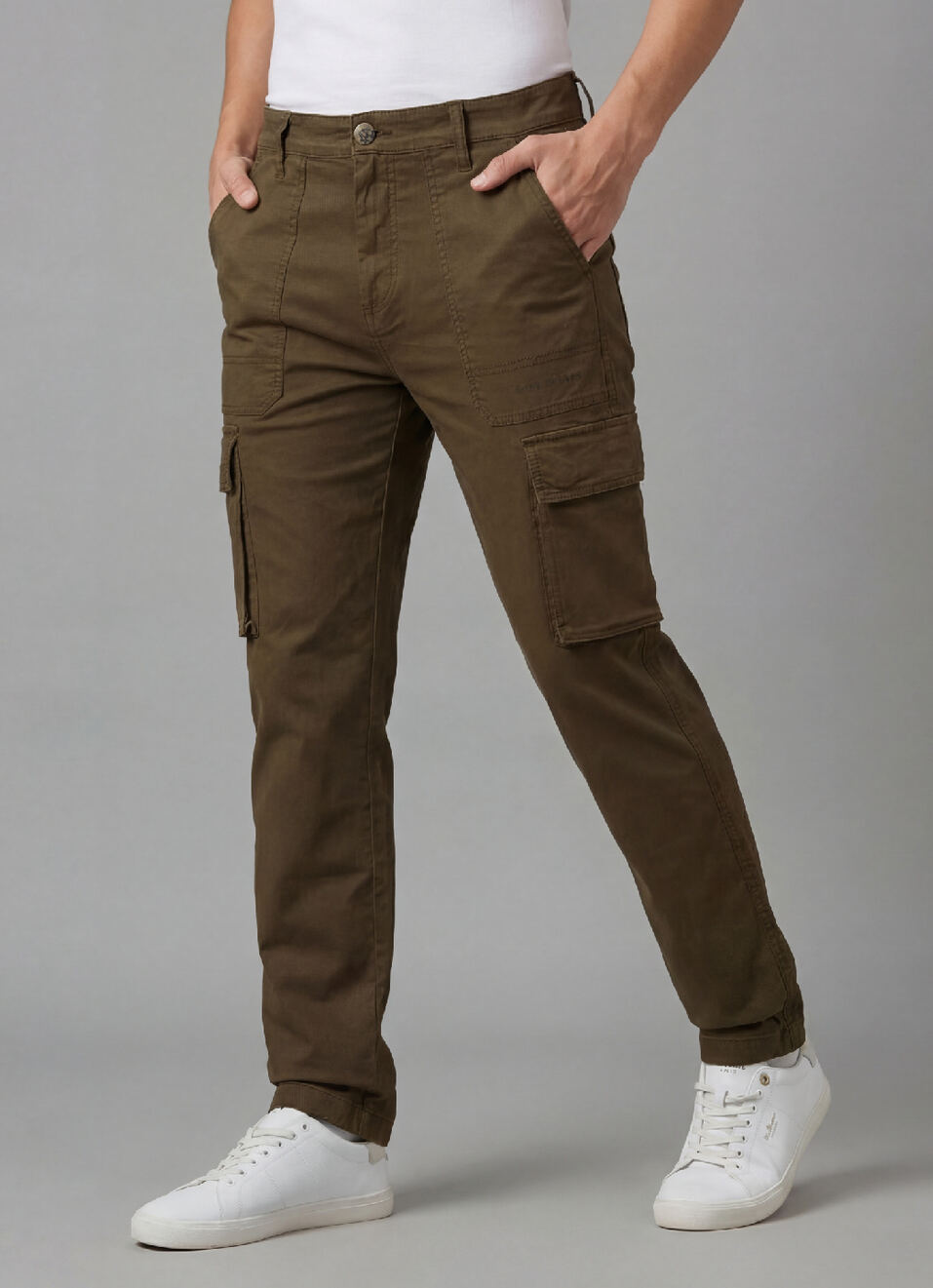 Men Olive Overdyed Mid Rise Utility Stretch Cargo Pants, , large image number 0