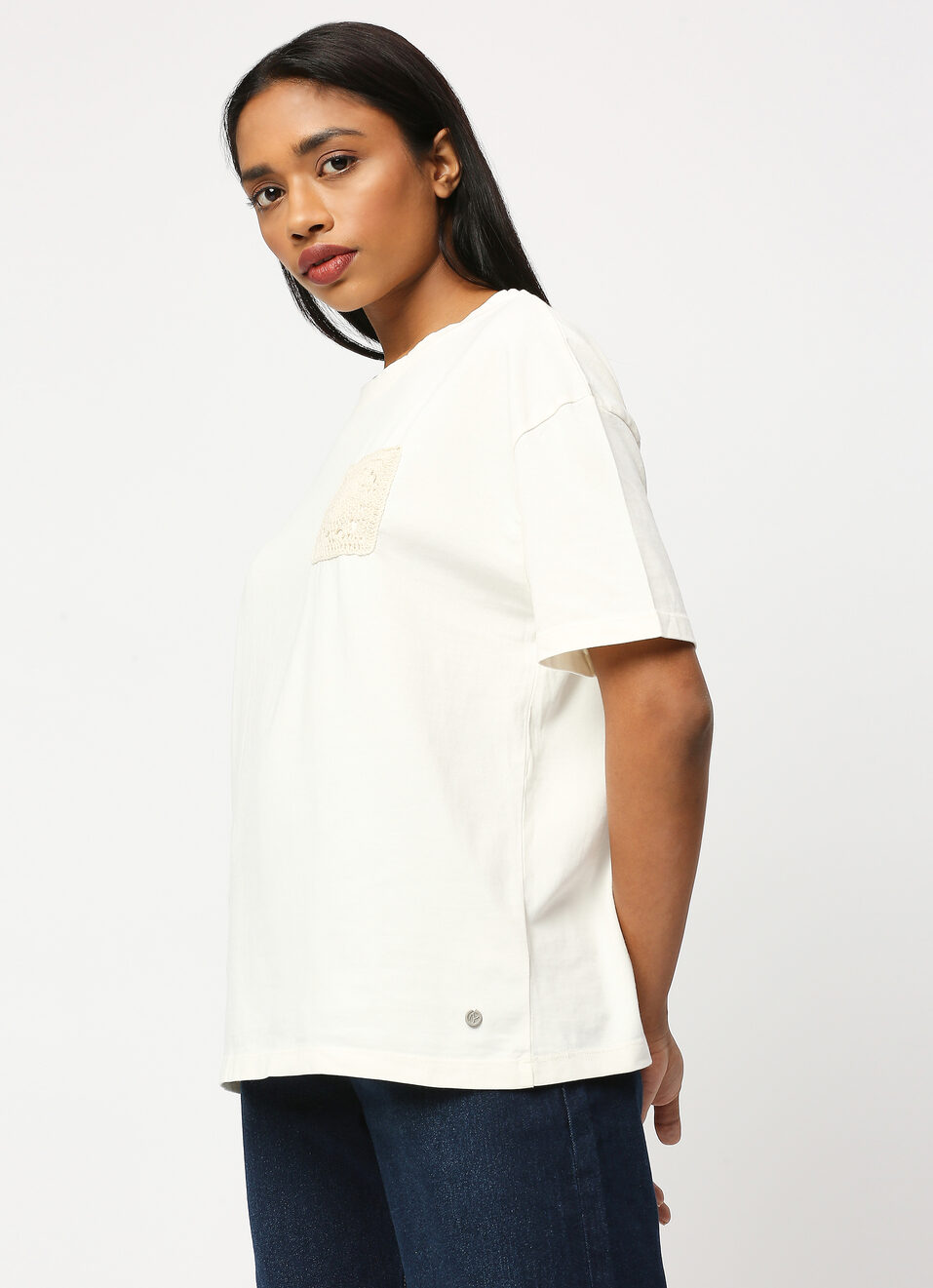 White Crochet Pocket Oversized Short Sleeve T-shirt, , large image number 5