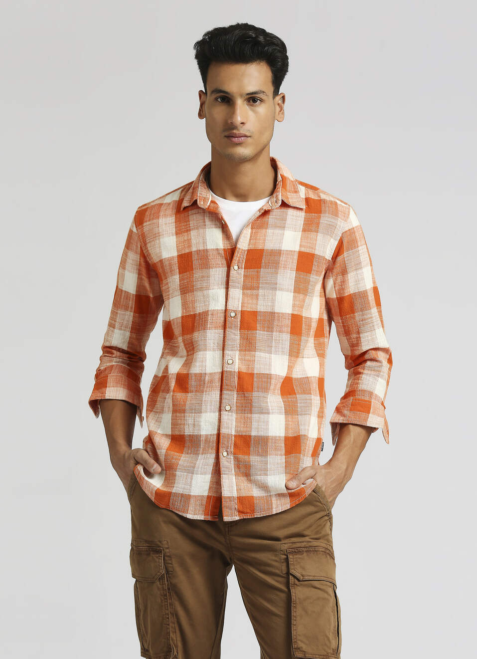 Orange Checks Yarn Dyed Slub Long Sleeve Shirt, , large image number 0