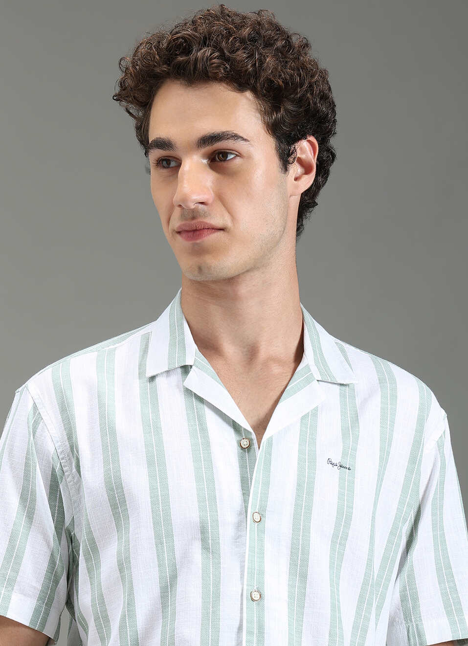 Men Green Striped Resort Collar Shirt, , large image number 4