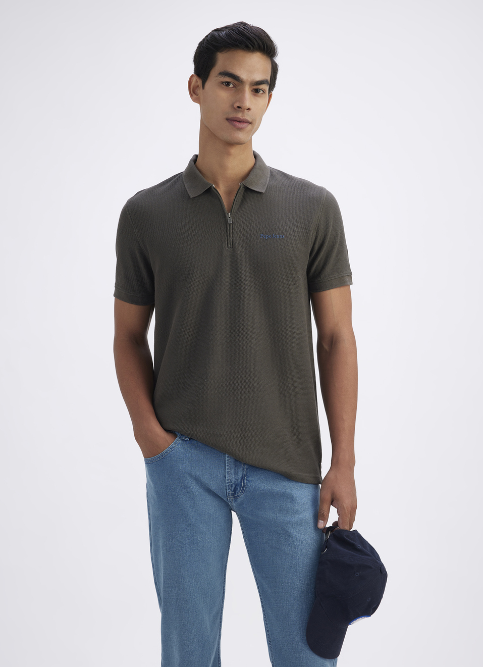 Men Olive Short Sleeve Zipper Polo, , large image number 0