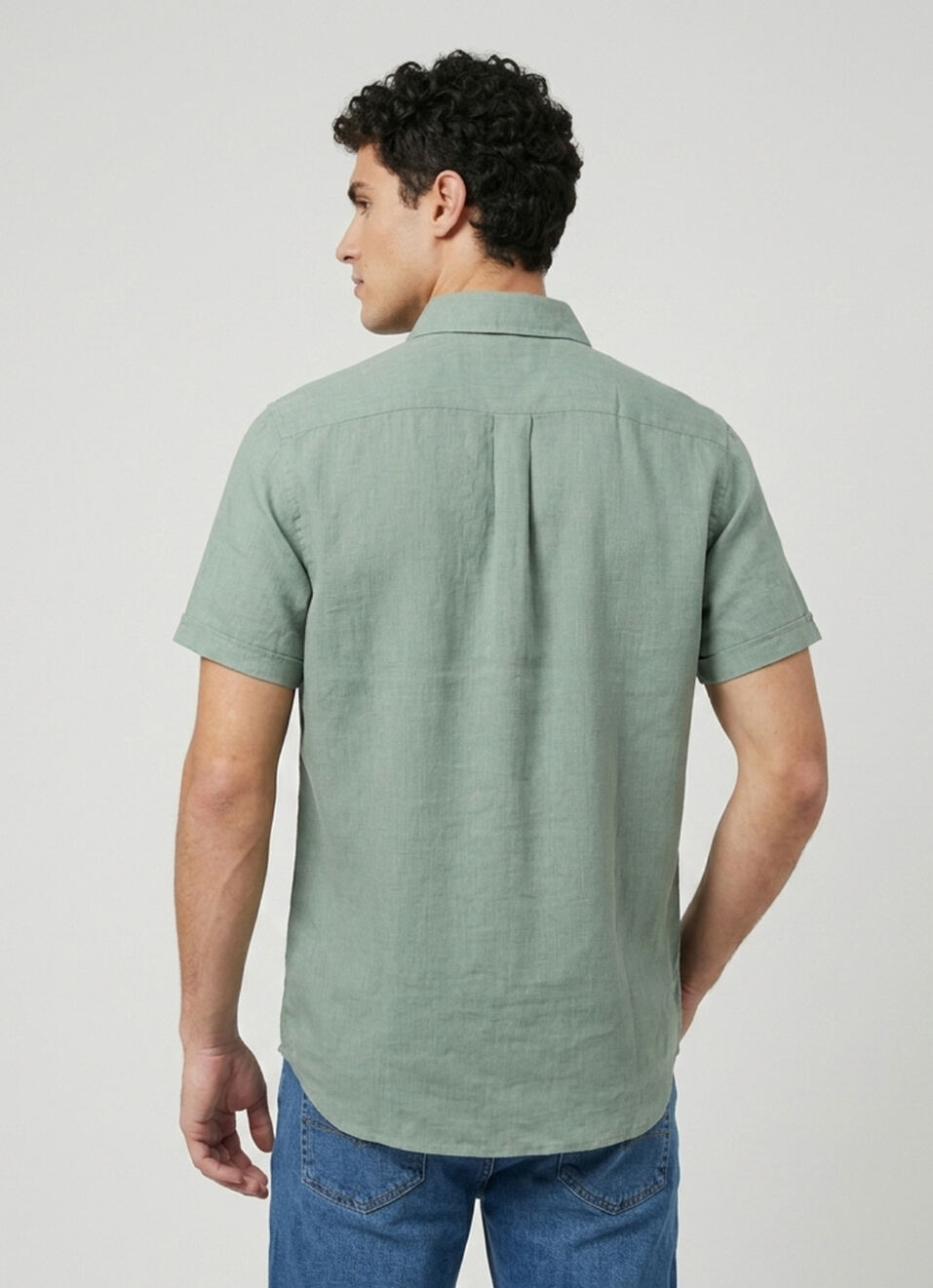 Men Light Green Solid Pure Linen Short Sleeve Shirt, , large image number 2