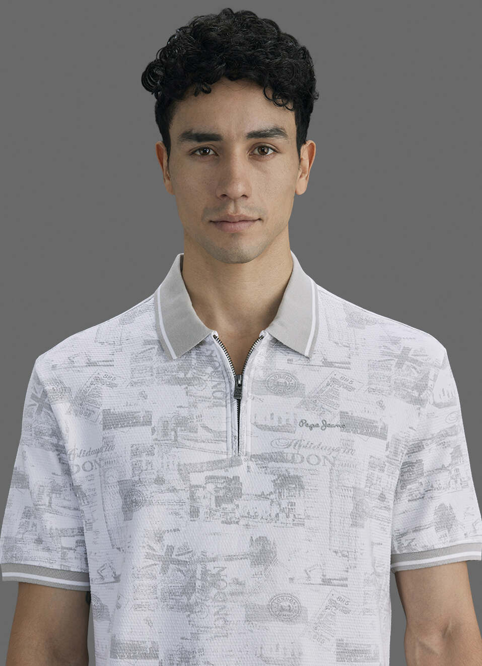 Men Grey Printed Polo Collar T-shirt, , large image number 4
