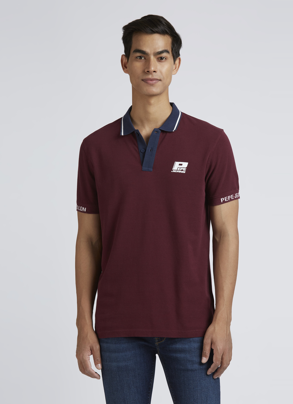 Burgundy Contrast Ribbed Collar Short Sleeves Polo, , large image number 1