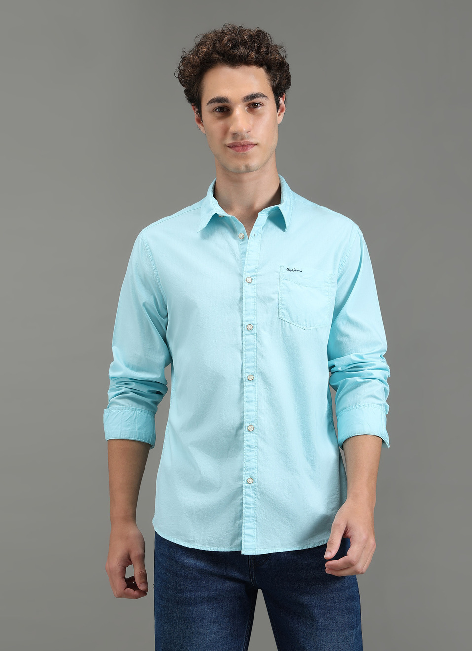 Men Aqua Blue Solid Shirt, , large image number 1