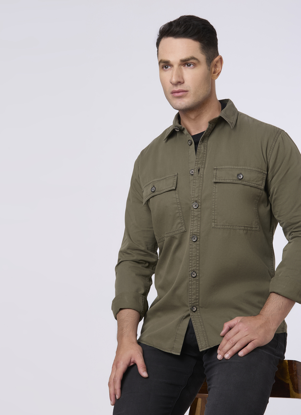 Men Olive Flap Utility Pockets Casual Shirt, , large image number 0