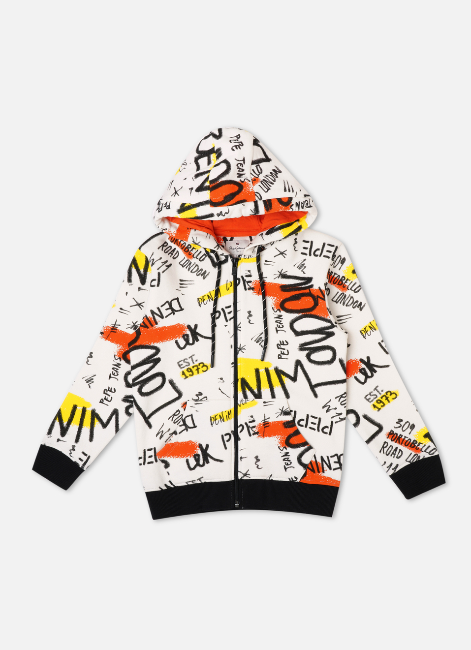 Boys White Printed Zip Thru Hooded Sweatshirt, , large image number 0