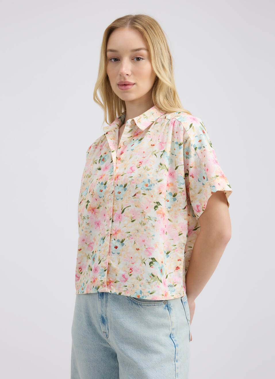 Women Beige Floral Print Short Sleeve Shirt, , large image number 3