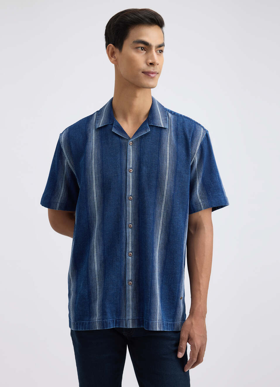 Men Indigo Stripe Short Sleeve Shirt, , large image number 0