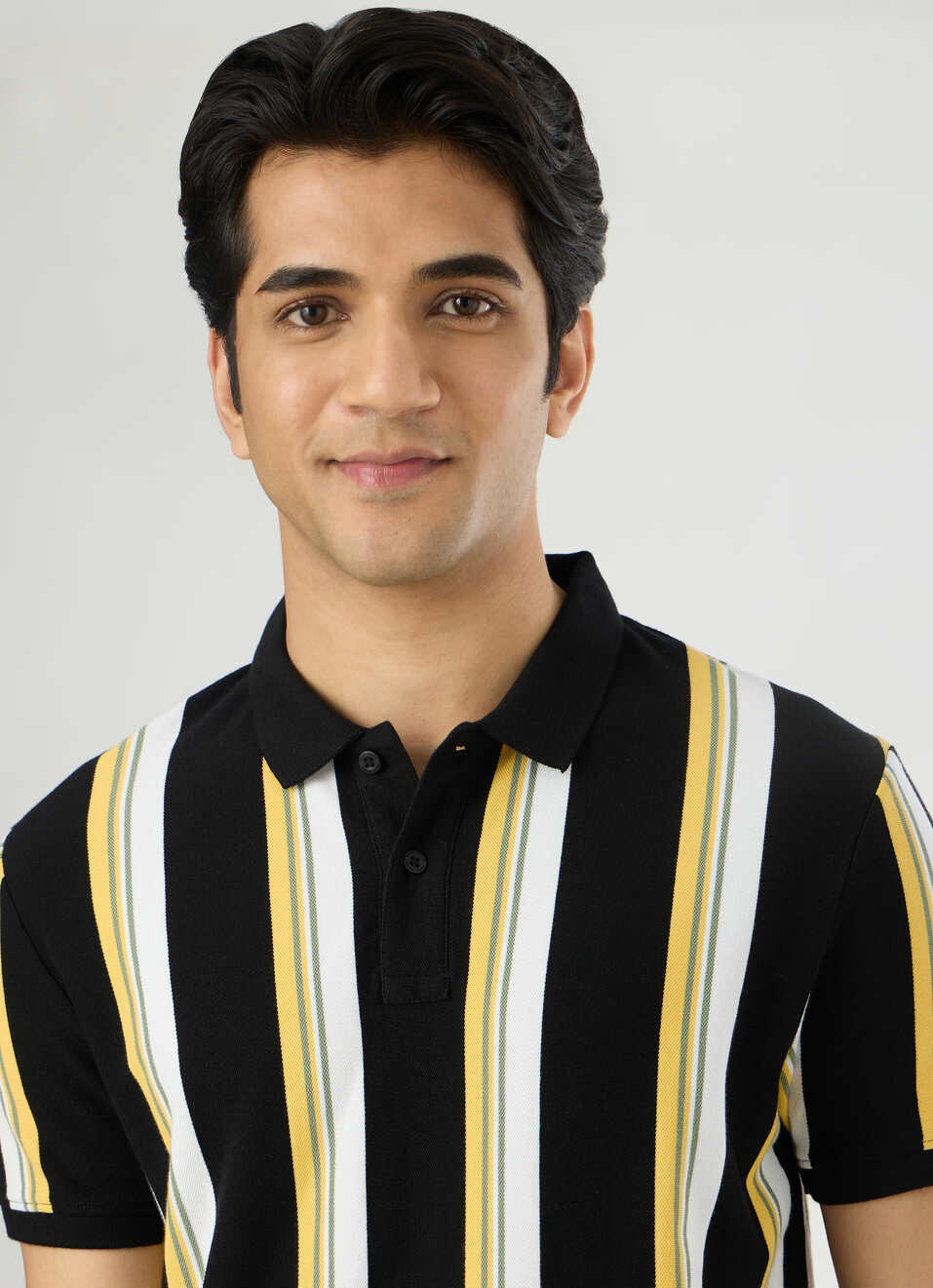 Men Black Striped Polo Collar T-shirt, , large image number 4