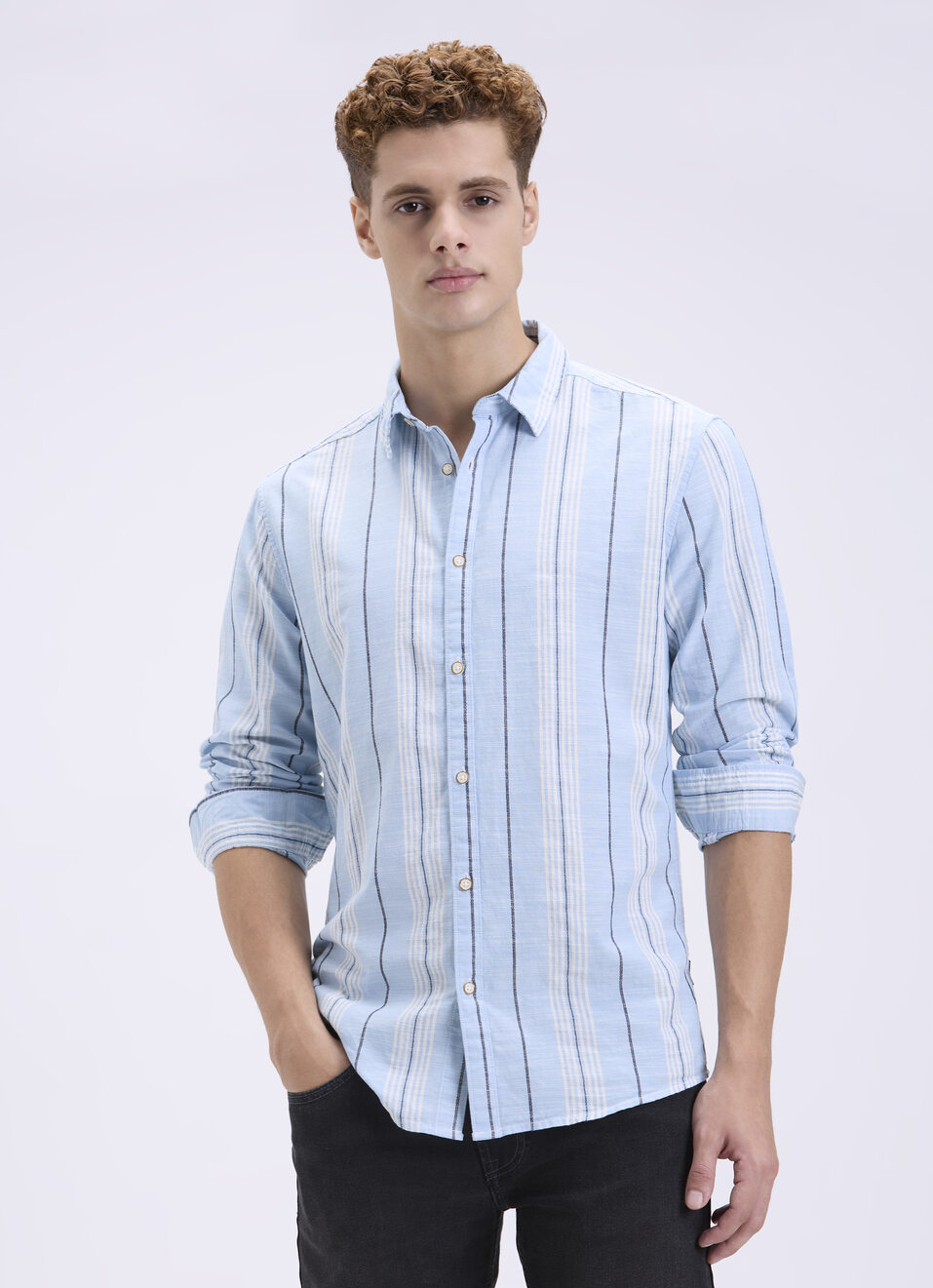 Men Blue Striped Full Sleeves Shirt, , large image number 0