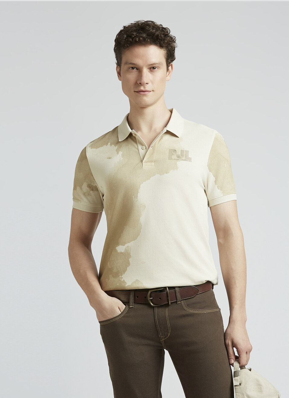 Ivory Graphic Print Short Sleeve Polo, , large image number 0
