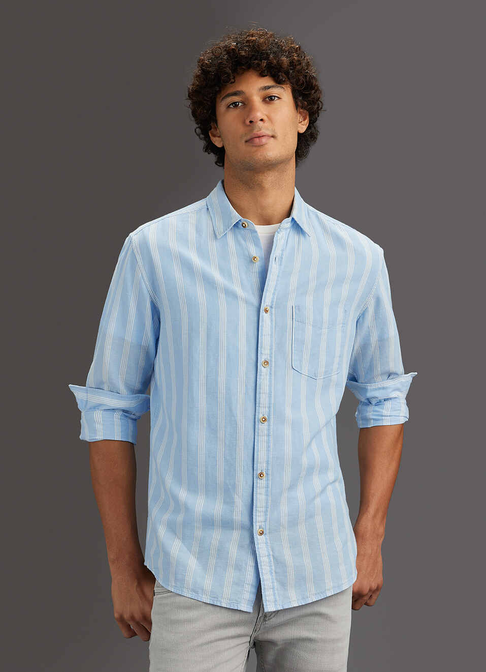 Men Sky Blue Striped Regular Fit Cotton Linen Shirt, , large image number 5