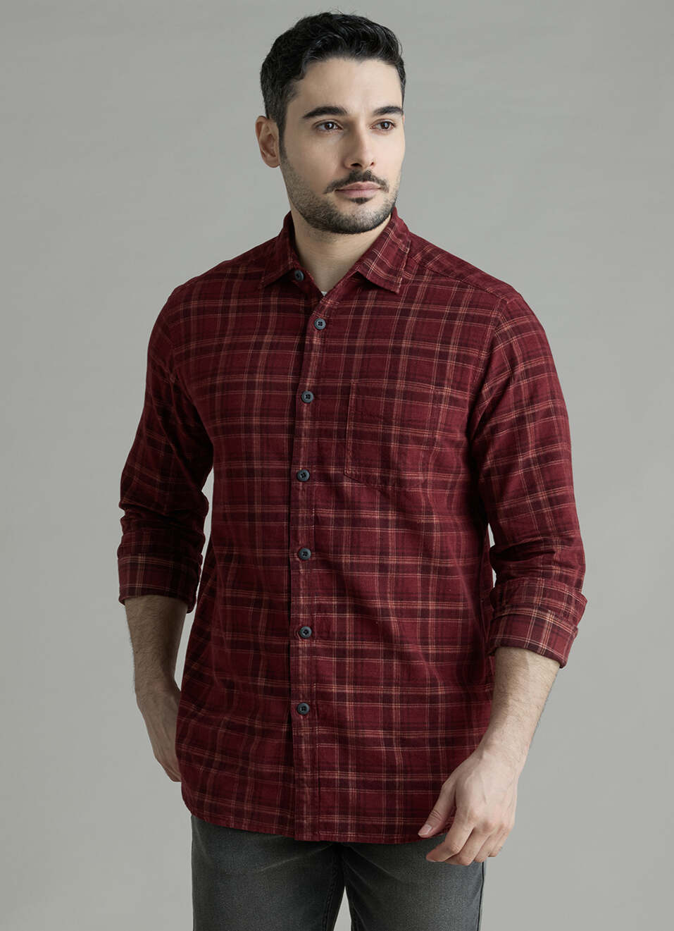 Men Wine Checked Corduroy Long Sleeve Shirt, , large image number 1