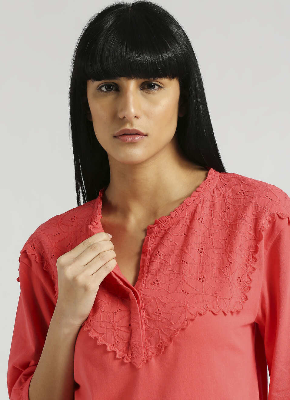 Red Lace Detail Half Button Placket Top, , large image number 4