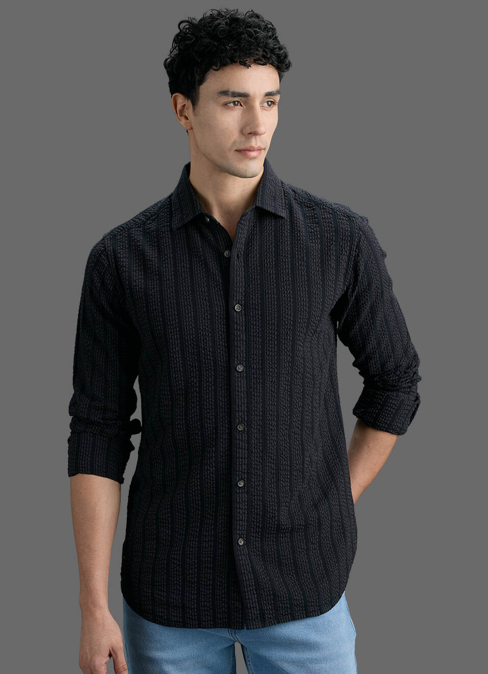 Men Black Striped Seersucker Long Sleeve Shirt, , large image number 7