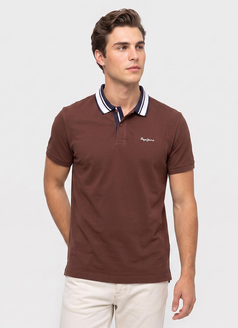 Men Brown Solid Polo Collar T-shirt, , large image number 1