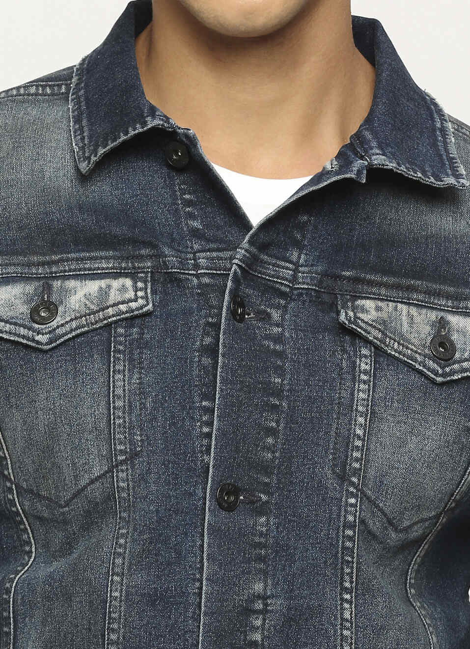Dark Blue Front Pocket Trucker Denim Jacket, , large image number 4