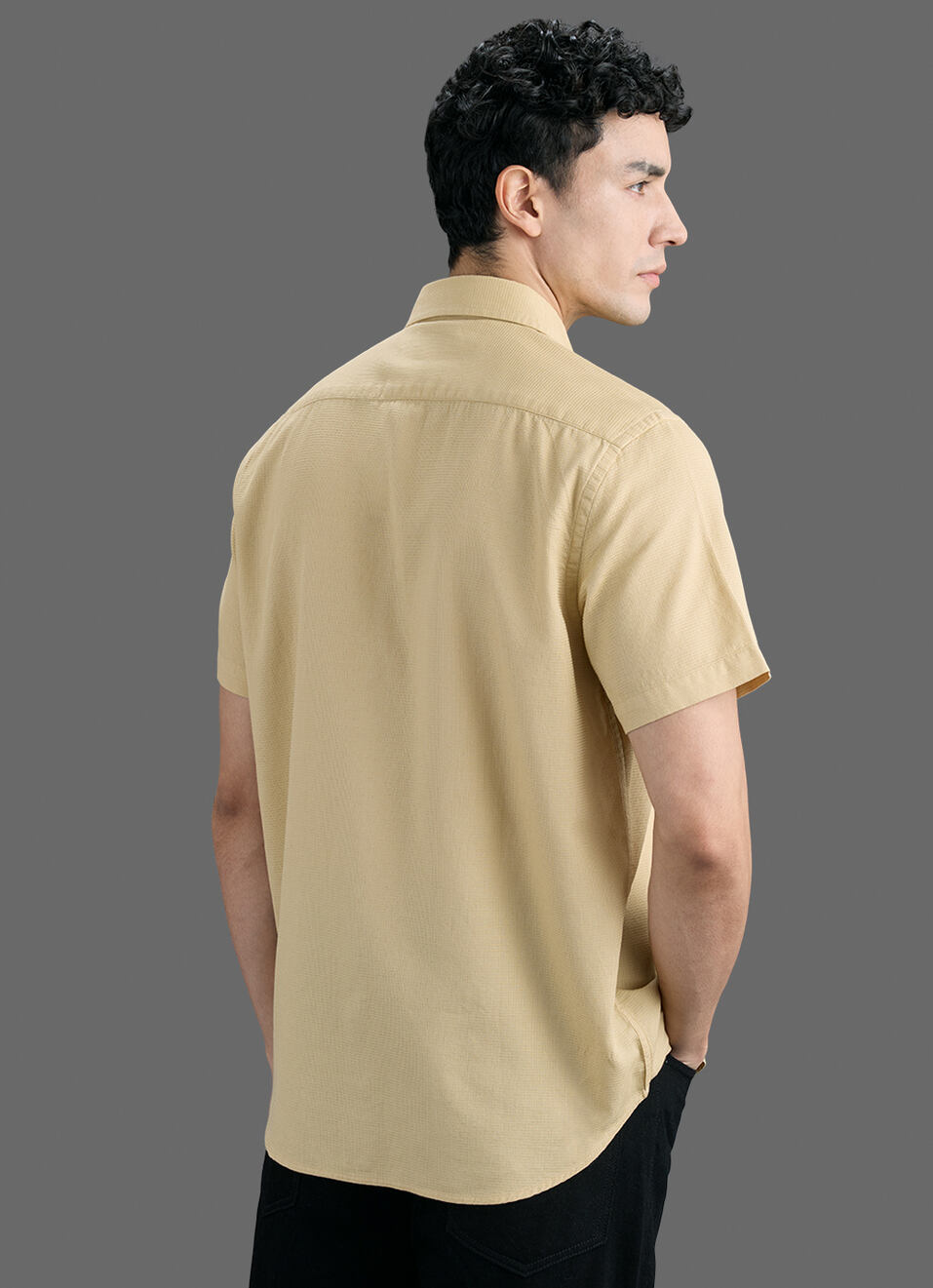 Men Beige Solid Dobby Short Sleeve Shirt, , large image number 6