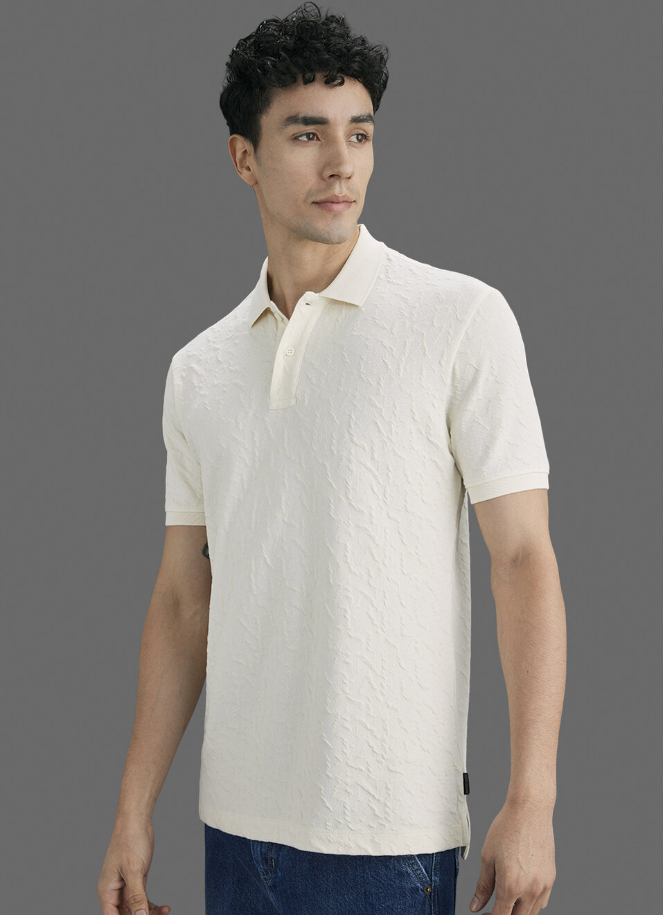 Men Ivory Jacquard Polo Collar T-shirt, , large image number 7