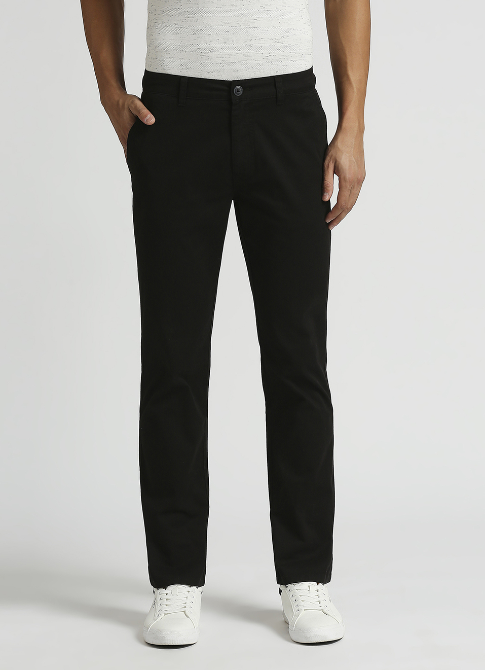 Men Black Mid Rise Stretch Chinos, , large image number 0