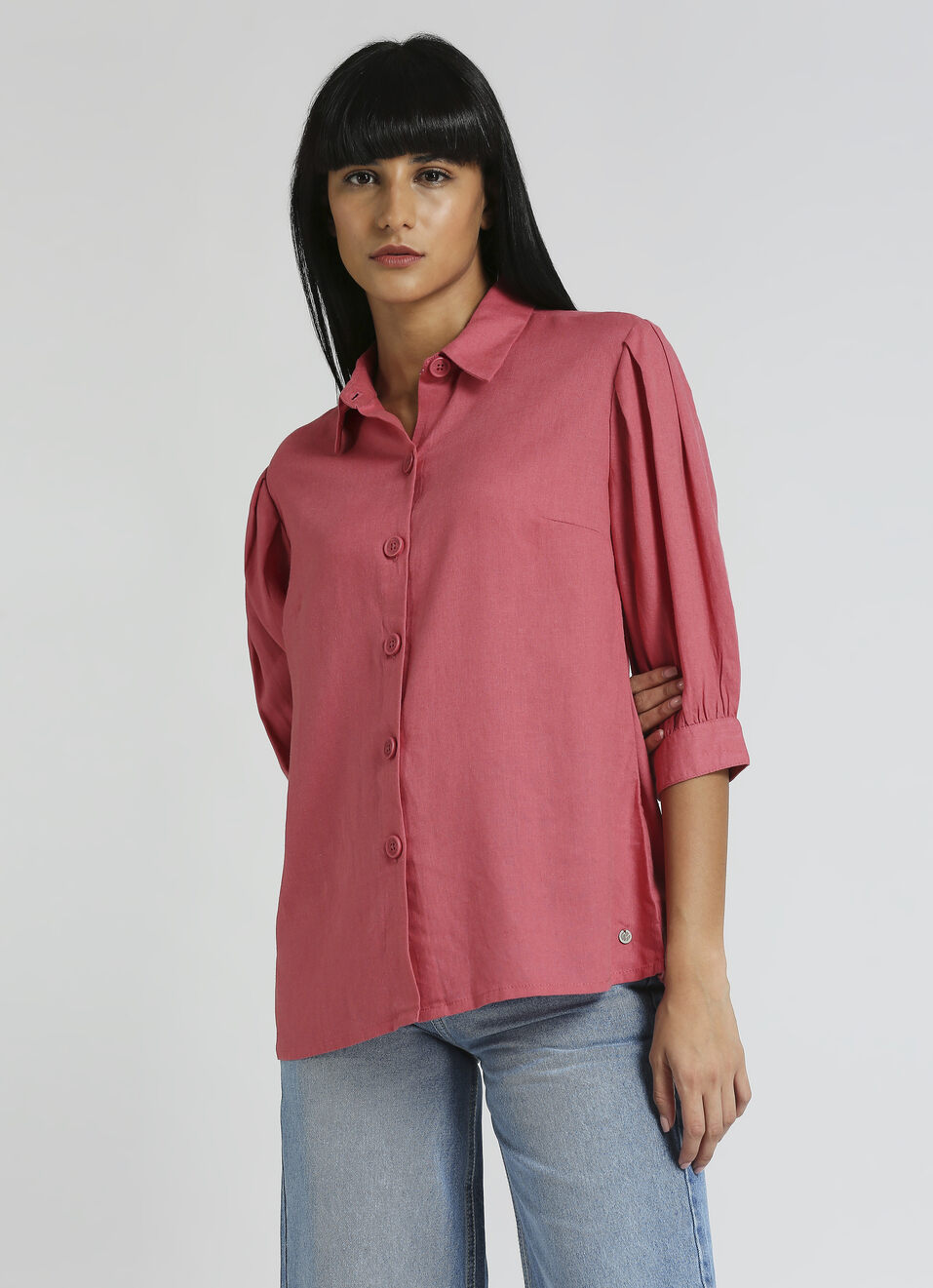 Pink Linen Puff Sleeve Shirt, , large image number 0