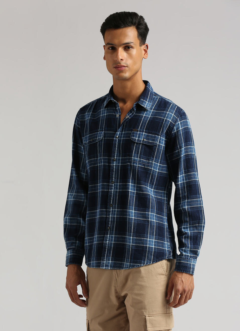 Yarn-dyed Checks Indigo Long Sleeve Shirt, , large image number 3