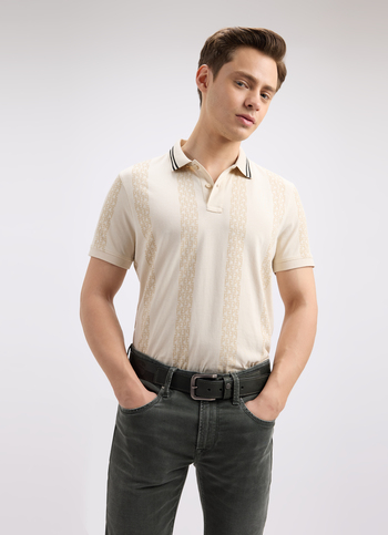 Men Ivory White Graphic Print Short Sleeve Polo