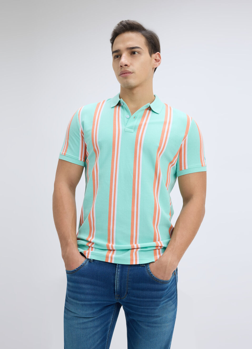 Men Green Vertical Stripe Short Sleeve Polo, , large image number 0