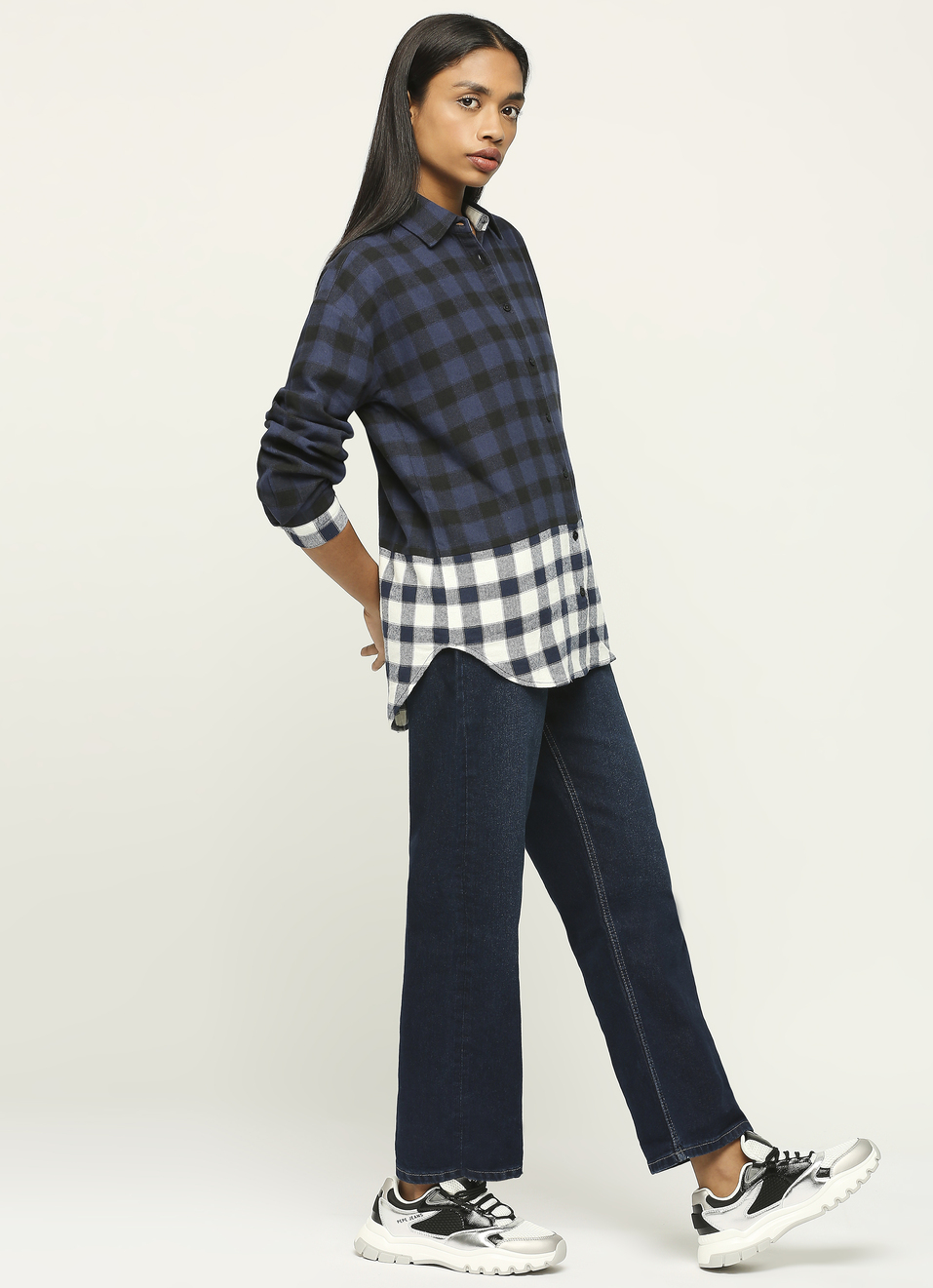 Navy Checks Colour Block Long Sleeve Shirt, , large image number 5