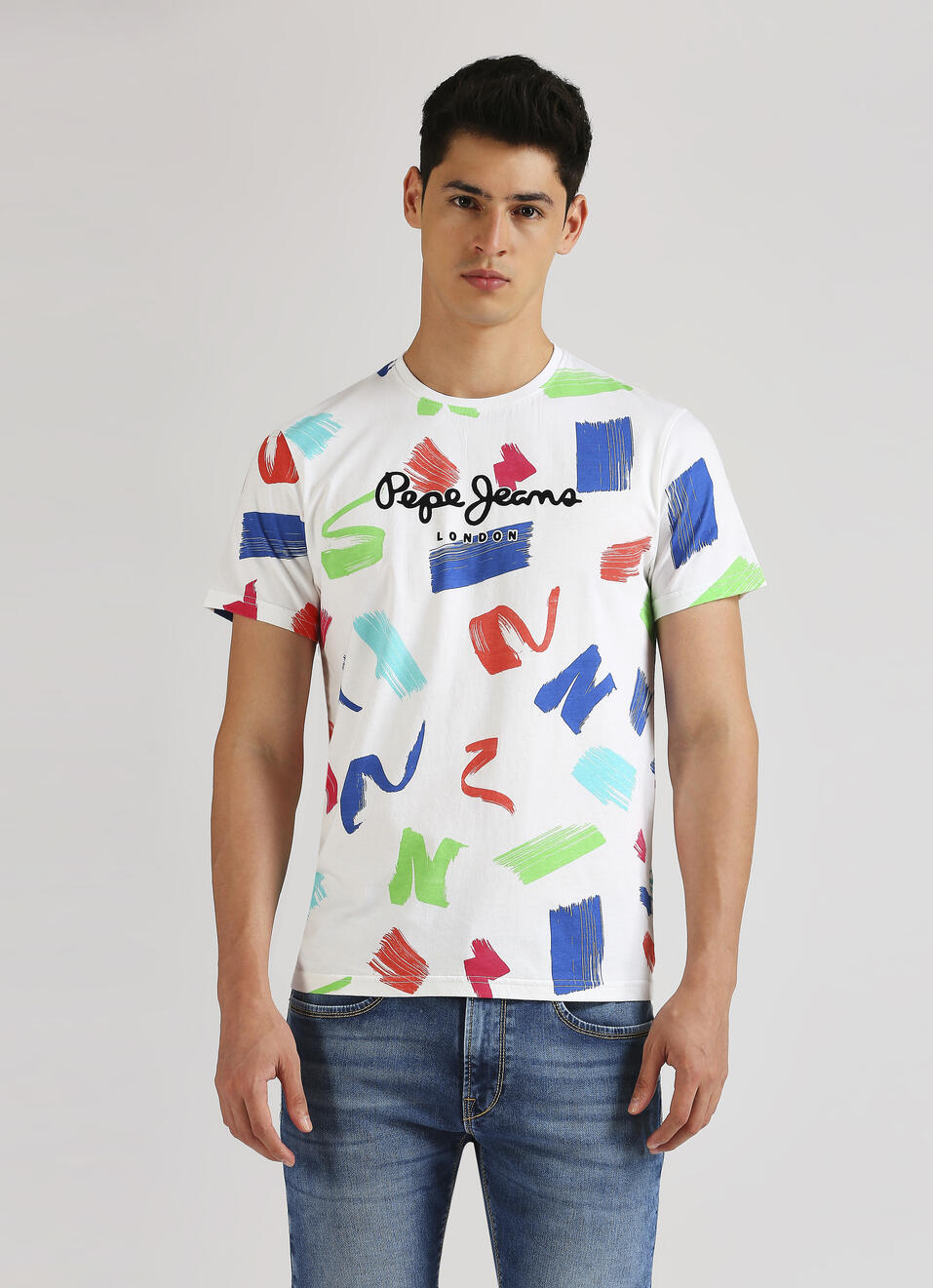 White Brush Stroke Inspired Print Trendy Short Sleeve T-shirt, , large image number 1