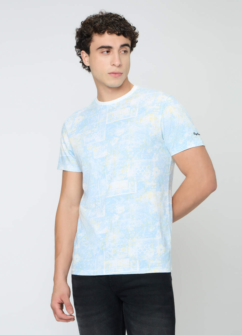 Men Sky Blue Printed Slim Fit T-shirt, , large image number 3