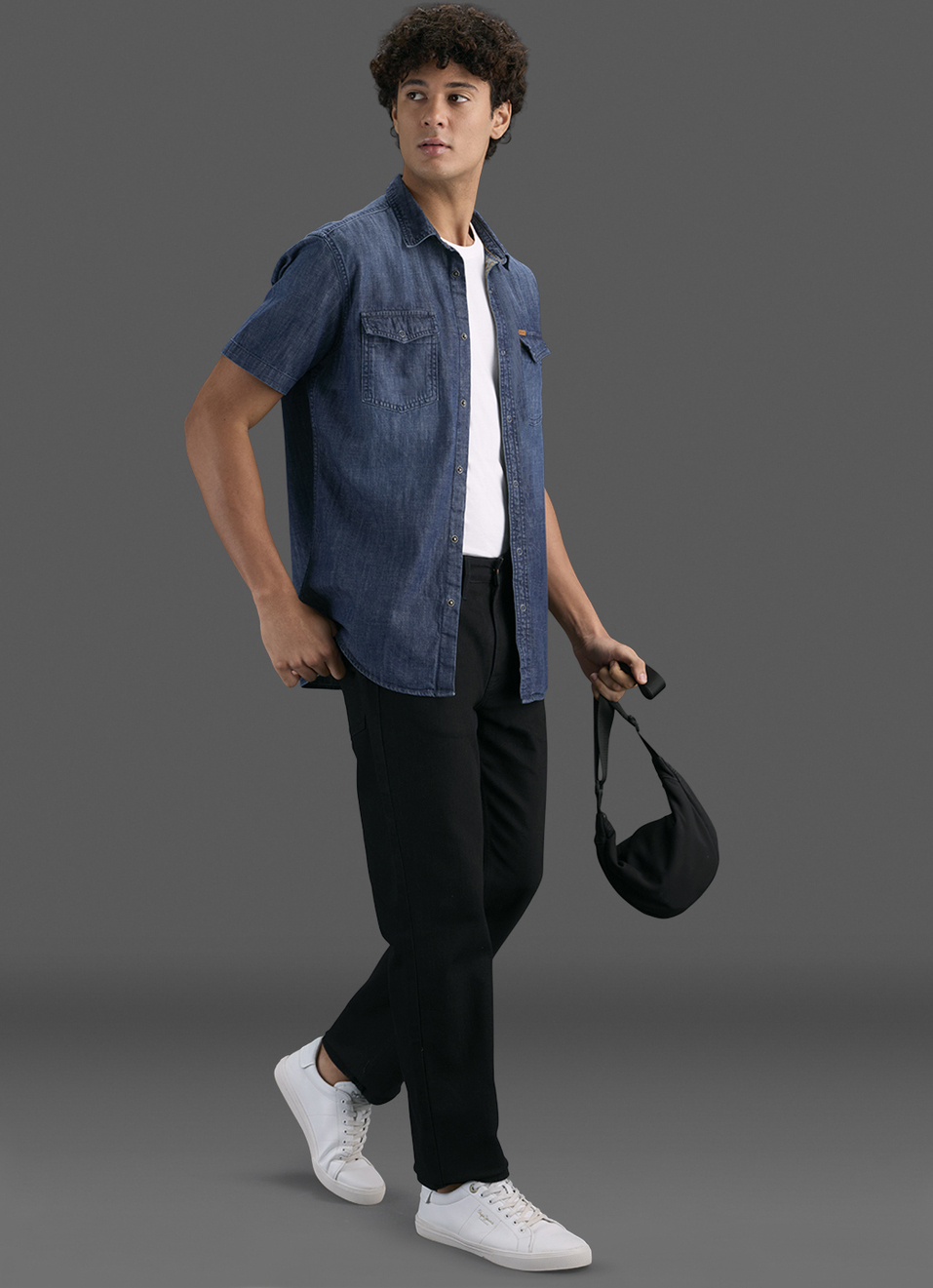 Men Dark Blue Short Sleeve Denim Shirt, , large image number 2