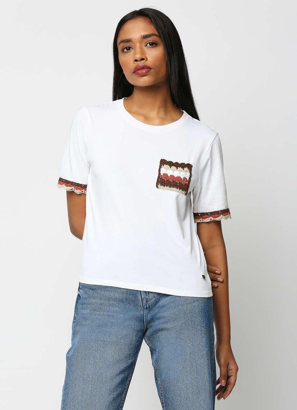 White Lace Detail Short Sleeve T-shirt, , large image number 5