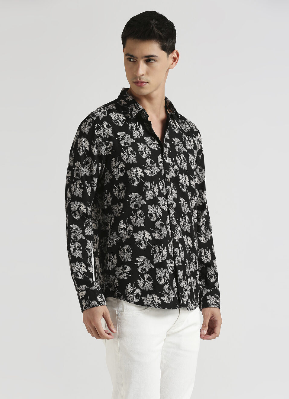 Black Botanical Print Twill Long Sleeve Shirt, , large image number 3