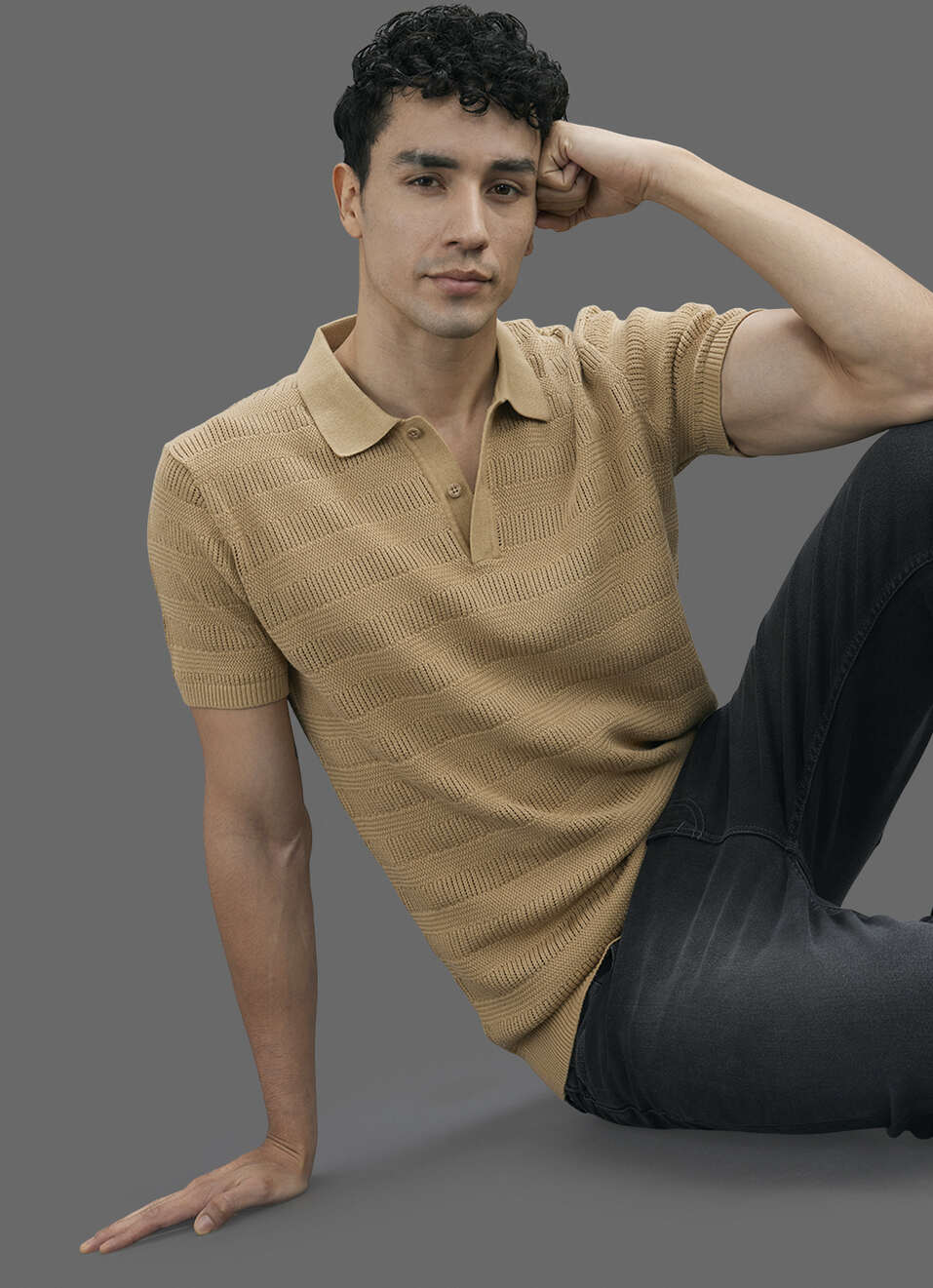 Men Beige Striped Flat Knit Polo Collar T-shirt, , large image number 0