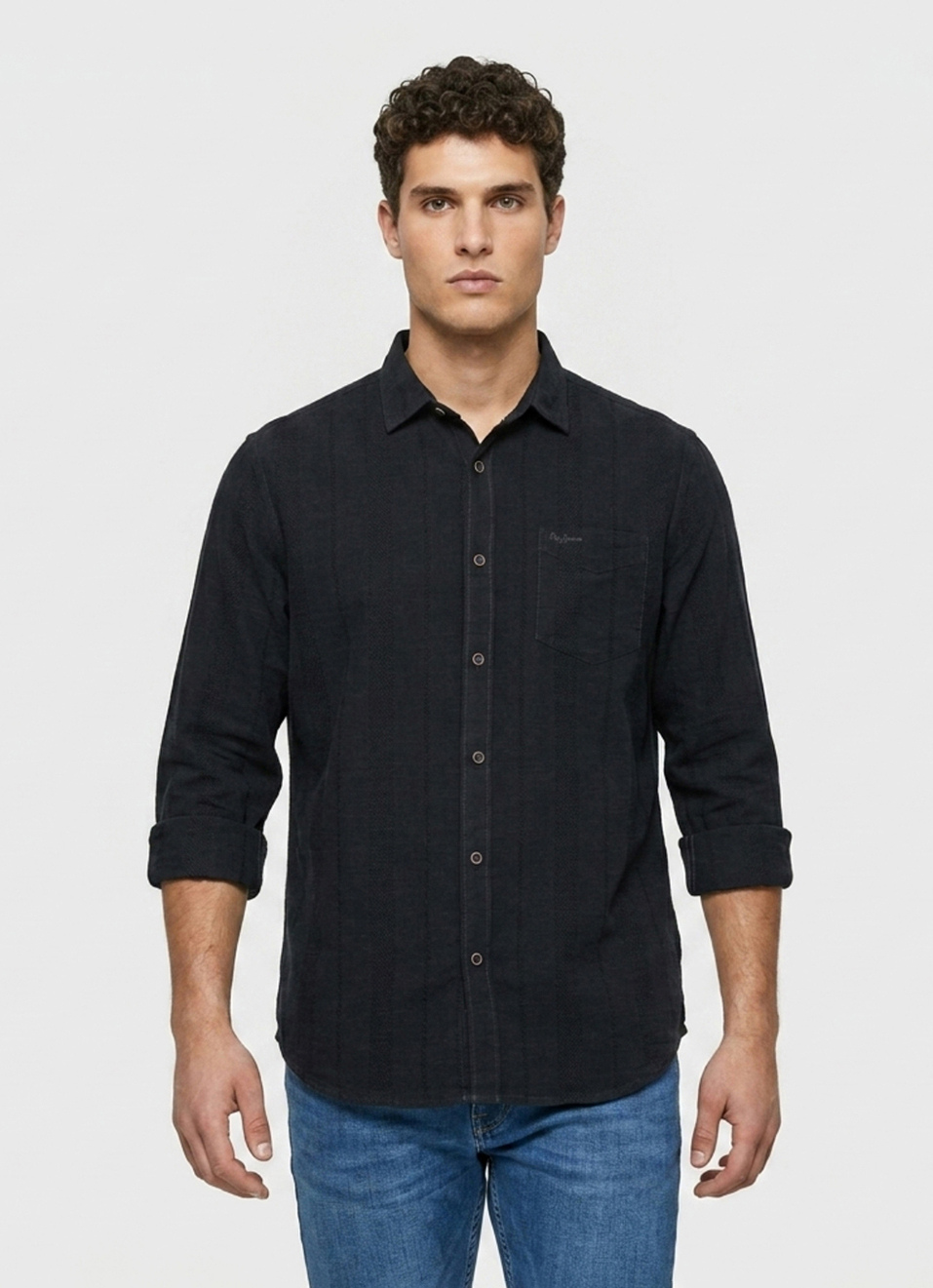 Men Grey Striped Dobby Long Sleeve Shirt, , large image number 1