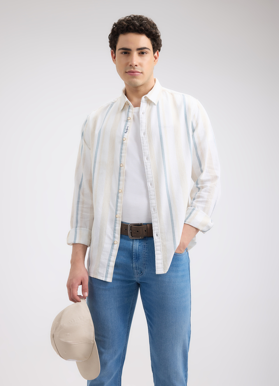 Men Beige Stripe Full Sleeve Shirt, , large image number 0