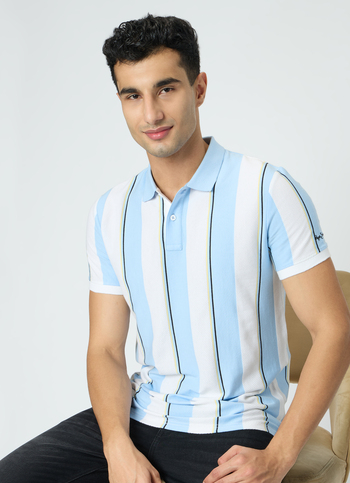Men Blue Striped Polo Collar T-shirt