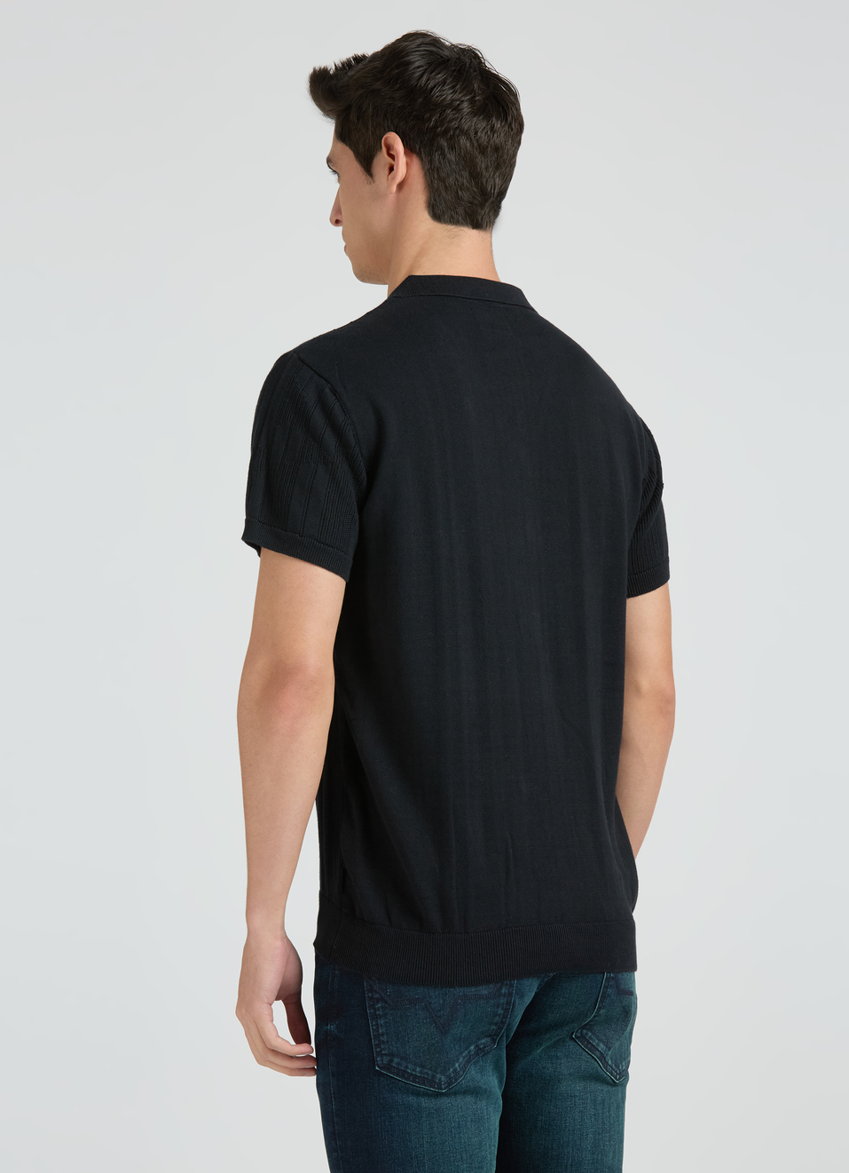 Black Resort Collar Short Sleeve Flat Knit Shirt, , large image number 2