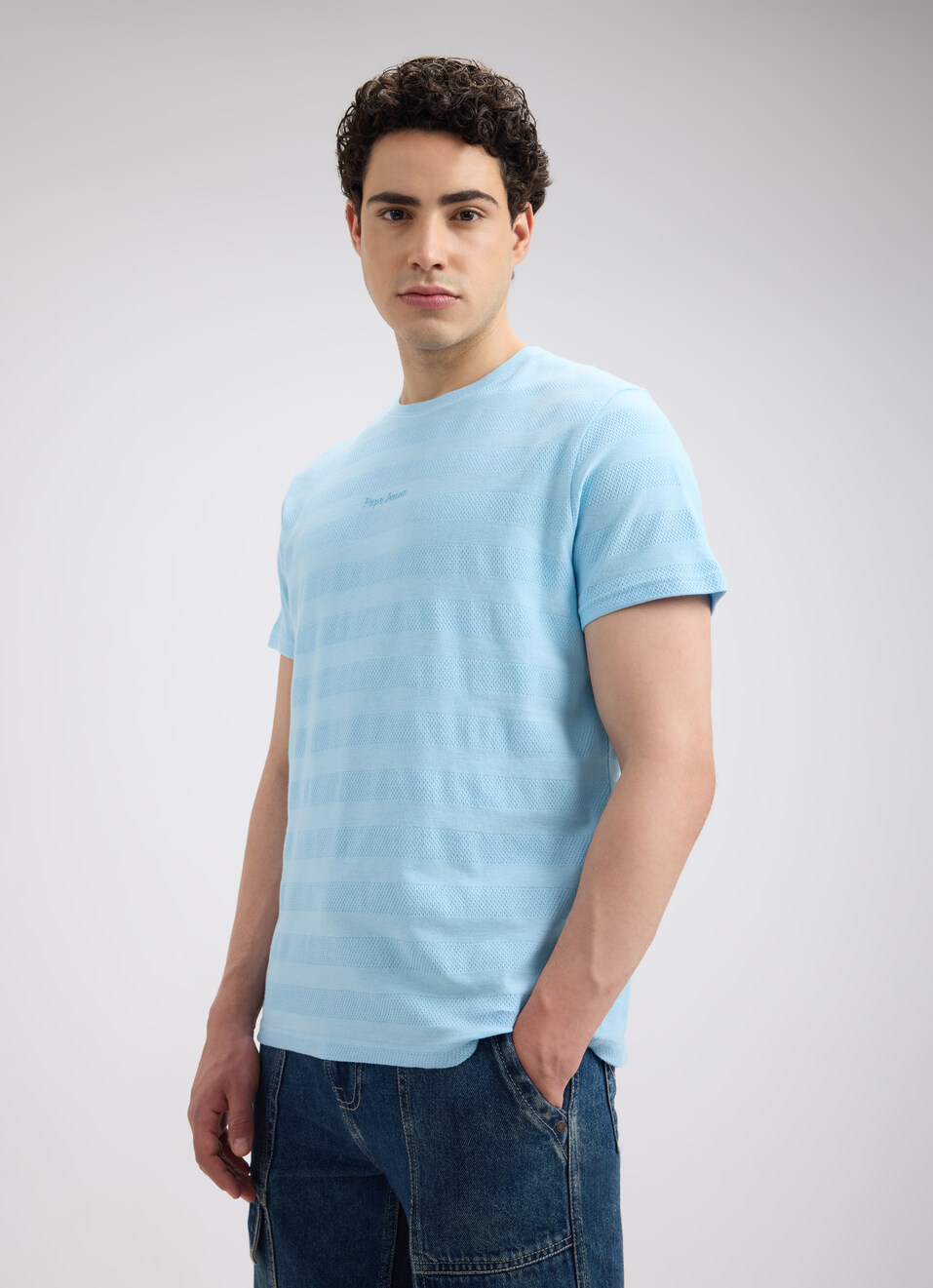 Men Blue Stripe Short Sleeve T-shirt, , large image number 3